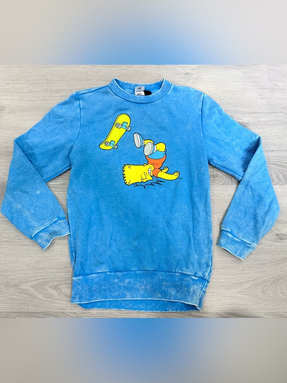 Vintage The Simpsons Bart Sweatshirt Skateboard Face Plant Blue Acid Wash